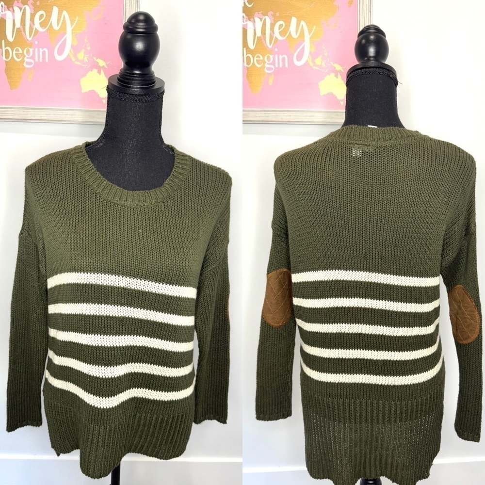 Alya Olive Green Elbow Patch Stripe Knit High-Lo Women’s Sweater (S)